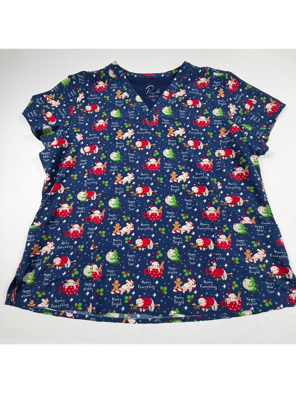 Maevn Prints 2XL Holiday Themed Scrub Top Blue with Santa and Gingerbread Print